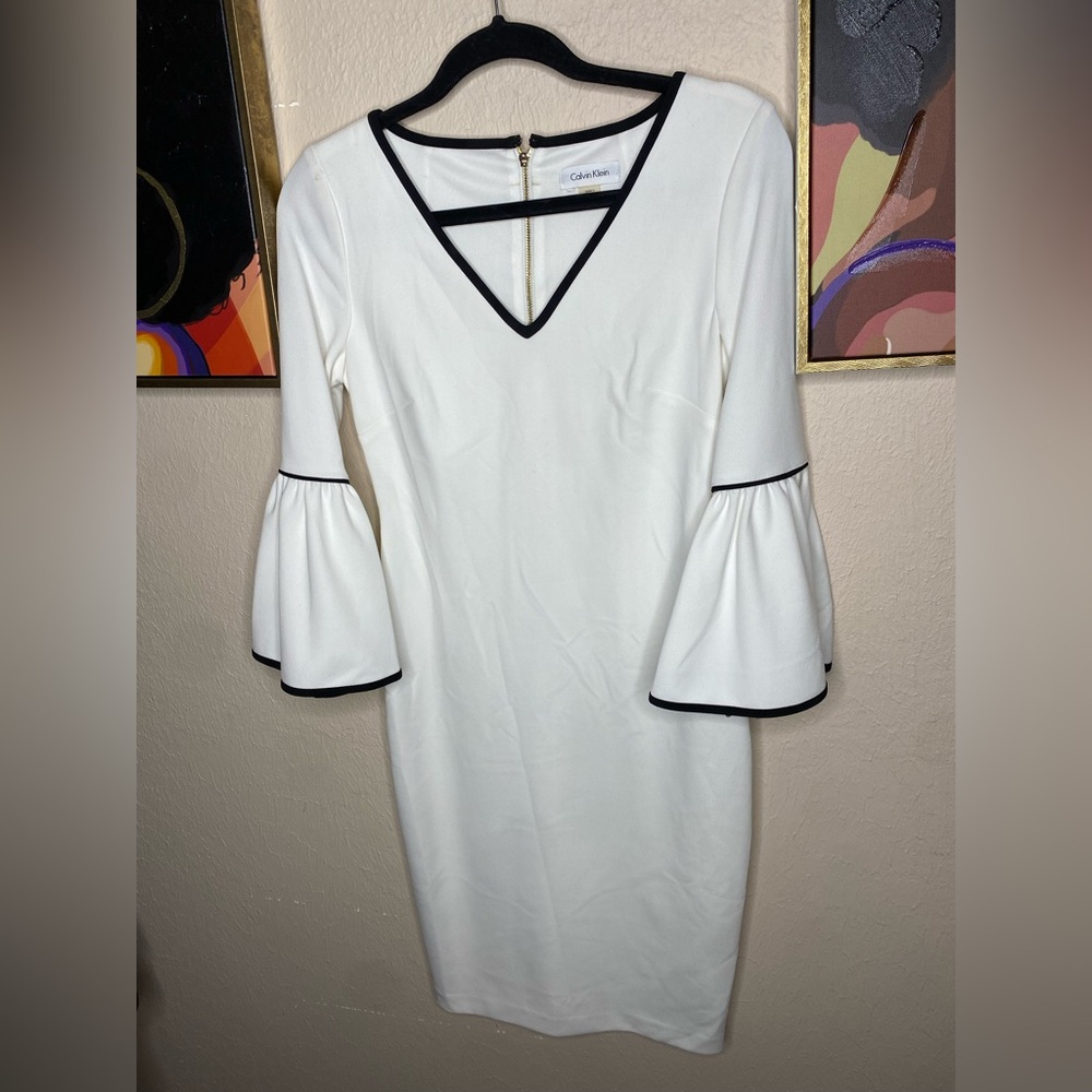Calvin Klein White Sheath Dress with Bell Sleeves